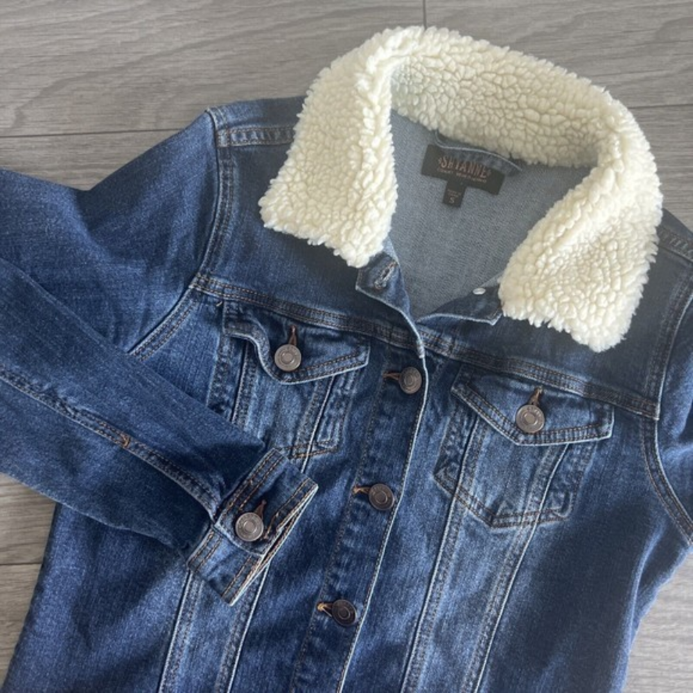 Shyanne Womens Cropped Sherpa Collar Denim Jean Jacket Raw Hem Small‎